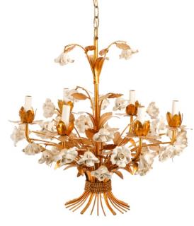 Appraisal: Six Light Tole Porcelain Floral Chandelier A Continental six light