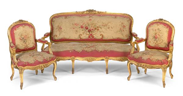 Appraisal: A suite of Louis XV style carved giltwood and Aubusson