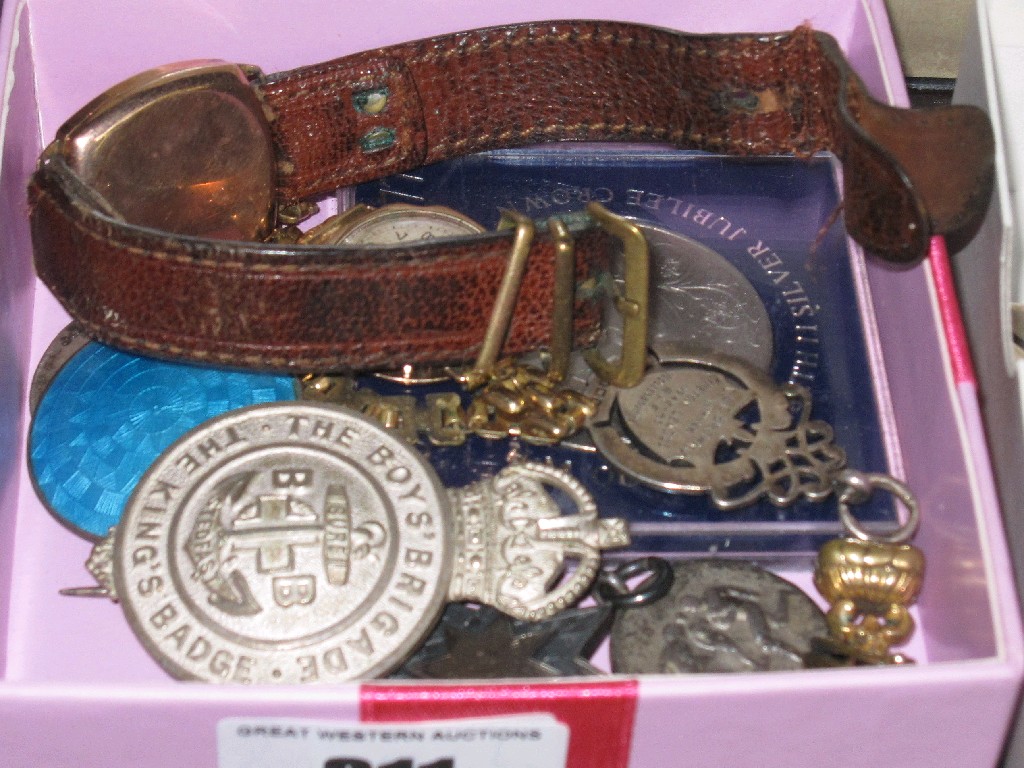 Appraisal: Box of miscellania - watches badges etc