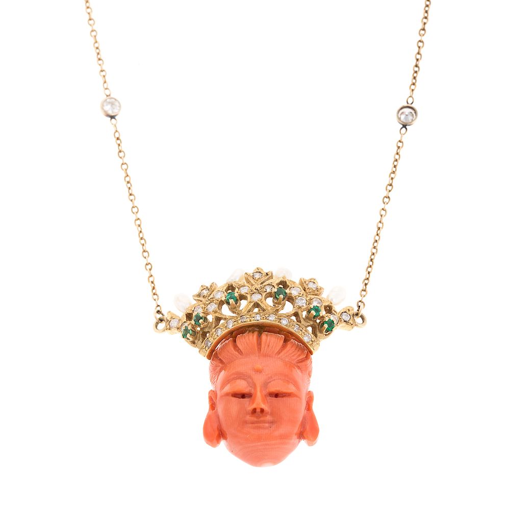 Appraisal: A Ladies Carved Coral Pendant with Diamonds in K K