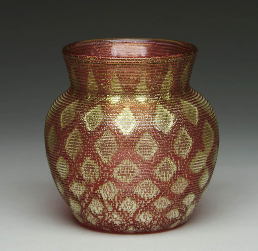 Appraisal: PINK ADVENTURINE VASE WITH GOLD FOIL-LIKE INTERIOR DECORATION A flared