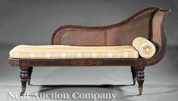 Appraisal: A Regency Rosewood Faux Bois and Paint-Decorated Caneback Recamier early