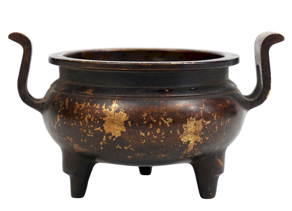 Appraisal: Chinese Bronze Splash Tripod Censor Chinese bronze tripod censer raised