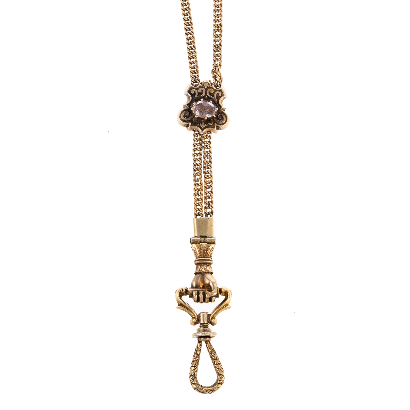 Appraisal: A K WATCH CHAIN WITH AMETHYST SLIDE K yellow gold