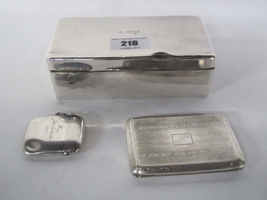 Appraisal: Lot comprising silver cigarette box cigarette case and a vesta