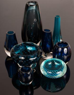 Appraisal: Five Whitefriars blue glass vases and three bowls various sizes