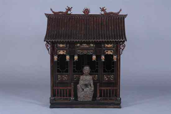 Appraisal: CHINESE GILT AND LACQUERED SHRINE AND FIGURE OF BUDDHA Bat