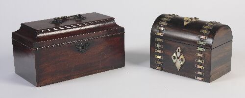 Appraisal: A George III mahogany tea caddy the rectangular hinged caddy