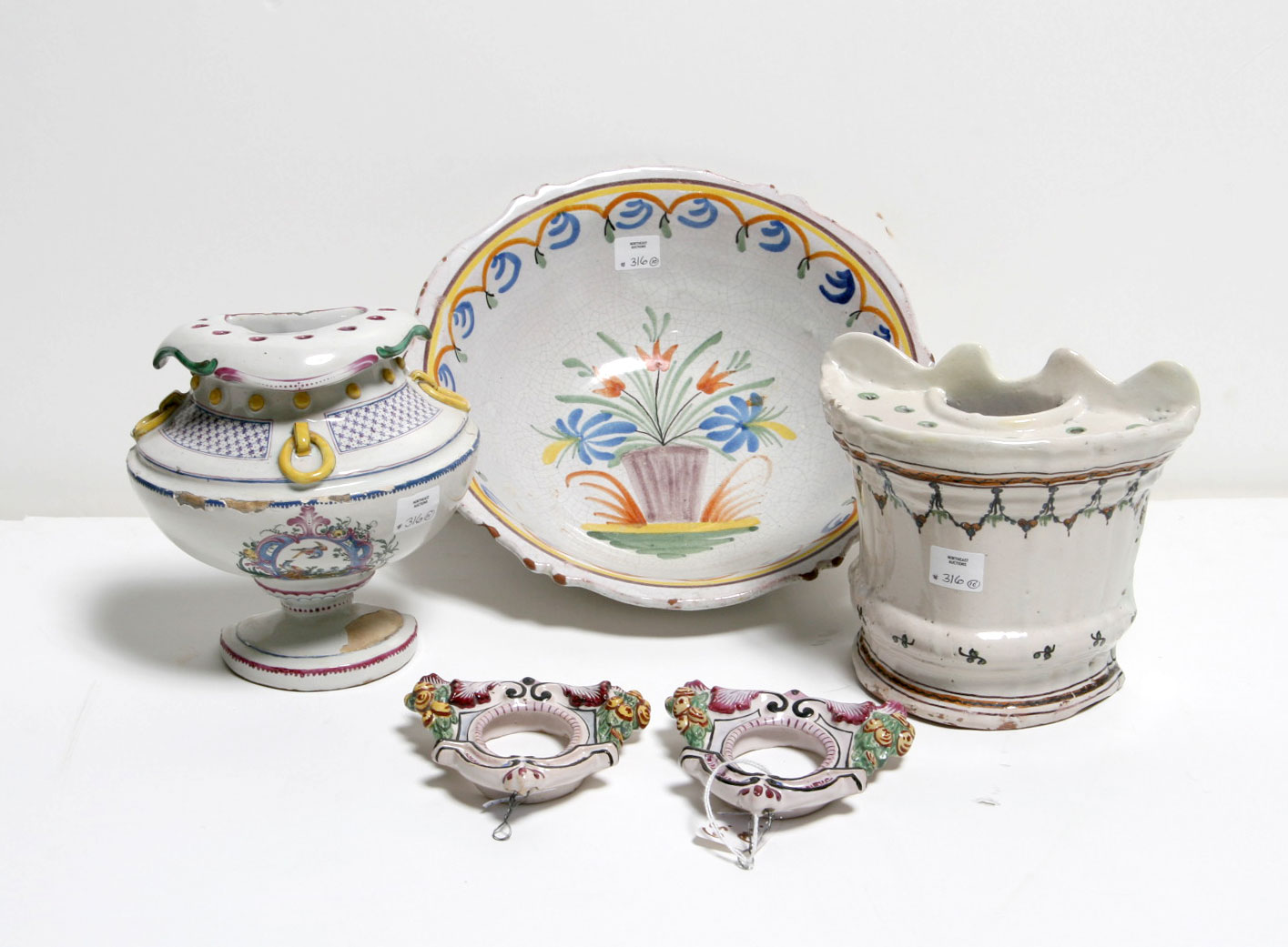 Appraisal: GROUP OF CONTINENTAL FAIENCE TABLEWARES COMPRISING A BOWL FOUR PLATES