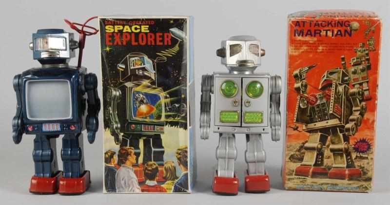 Appraisal: Lot of Tin Robot Battery-Operated Toys Description Japanese Working Includes