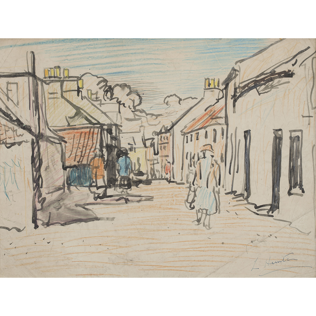 Appraisal: GEORGE LESLIE HUNTER SCOTTISH - FIFE STREET SCENE Signed pen