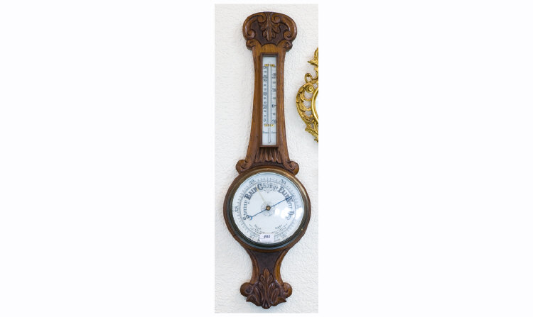 Appraisal: Carved Oak Aneroid Barometer With Thermometer Acanthus Carved Case Height