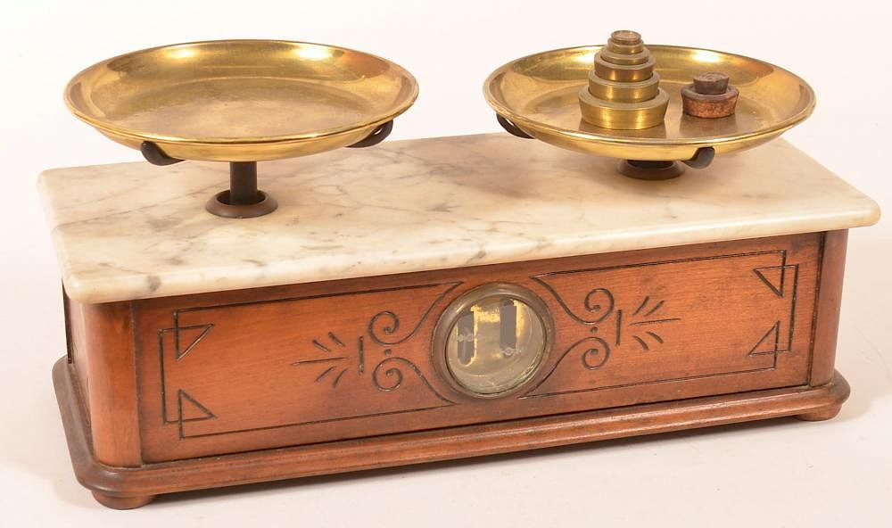 Appraisal: Walnut and marble Victorian balance scales Walnut and marble Victorian