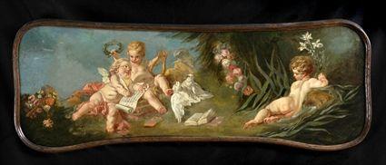 Appraisal: FRENCH SCHOOL FROLICKING PUTTI Oil on shaped canvas relined x