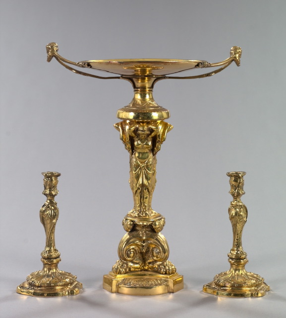 Appraisal: Stately Three-Piece Gilt-Brass Table Garniture first quarter th century in