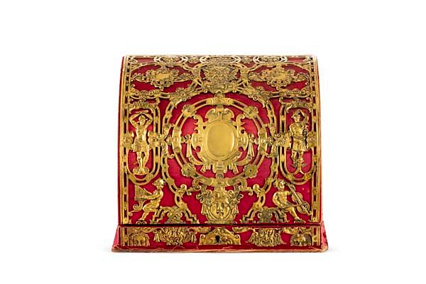 Appraisal: Gilt bronze mounted red silk stationary table box A gilt