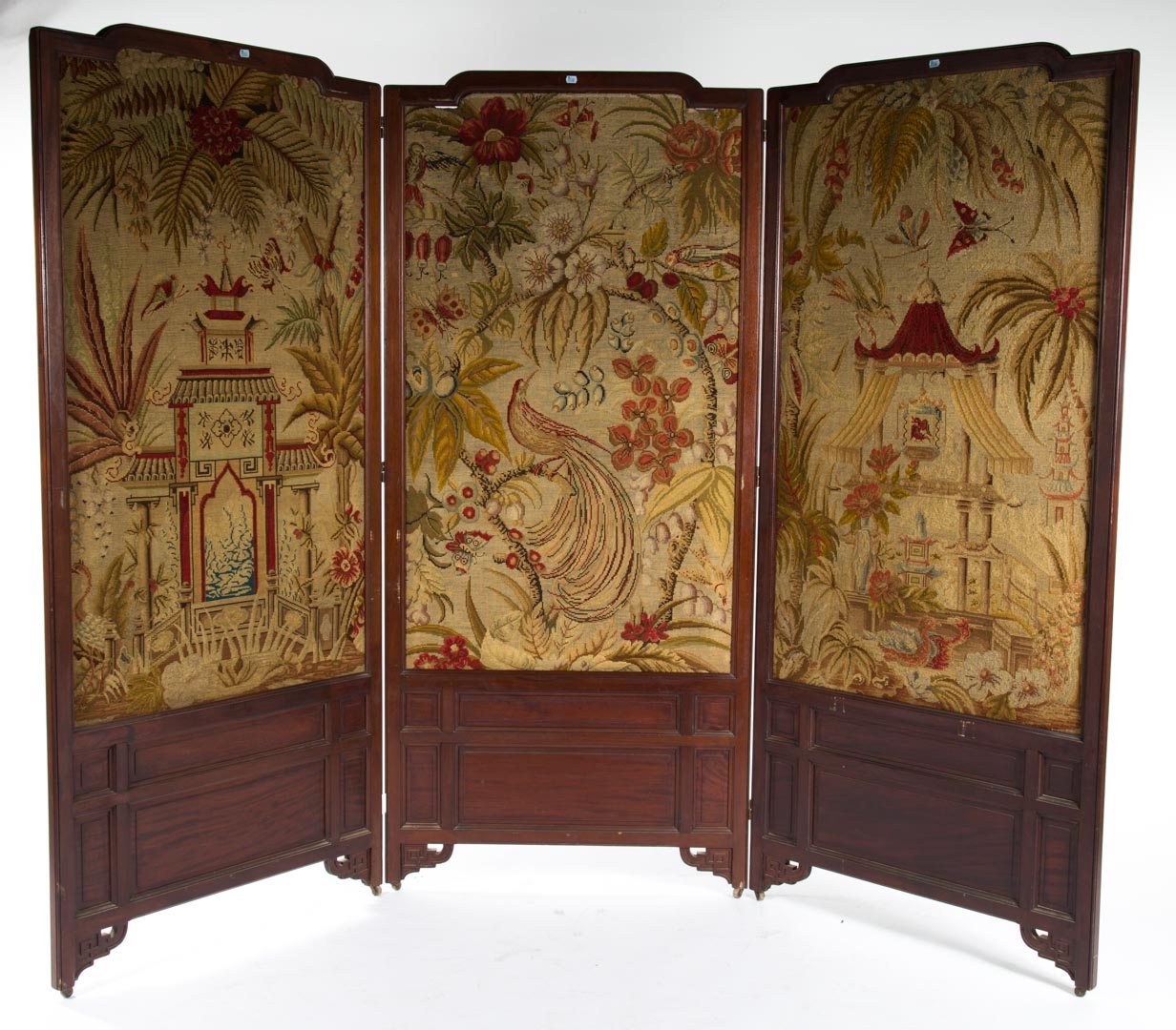 Appraisal: Aesthetic Movement mahogany three-panel screen circa three hinged paneled mahogany