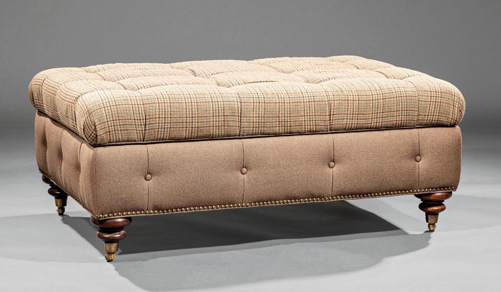 Appraisal: Ralph Lauren Mahogany and Button Tufted Ottoman hinged top enclosing