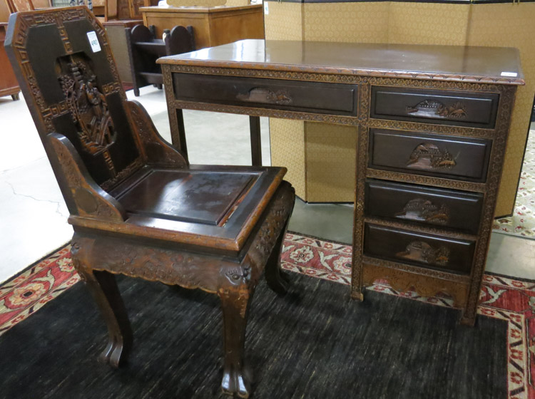 Appraisal: CHINESE EXPORT TEAKWOOD DESK AND MATCHING CHAIR Hong Kong c