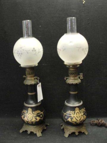 Appraisal: Pair of Black Gilt Oil Lamps From a Queens NY