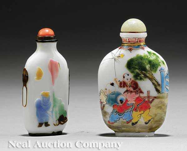 Appraisal: Two Chinese Decorated White Glass Snuff Bottles the first flattened