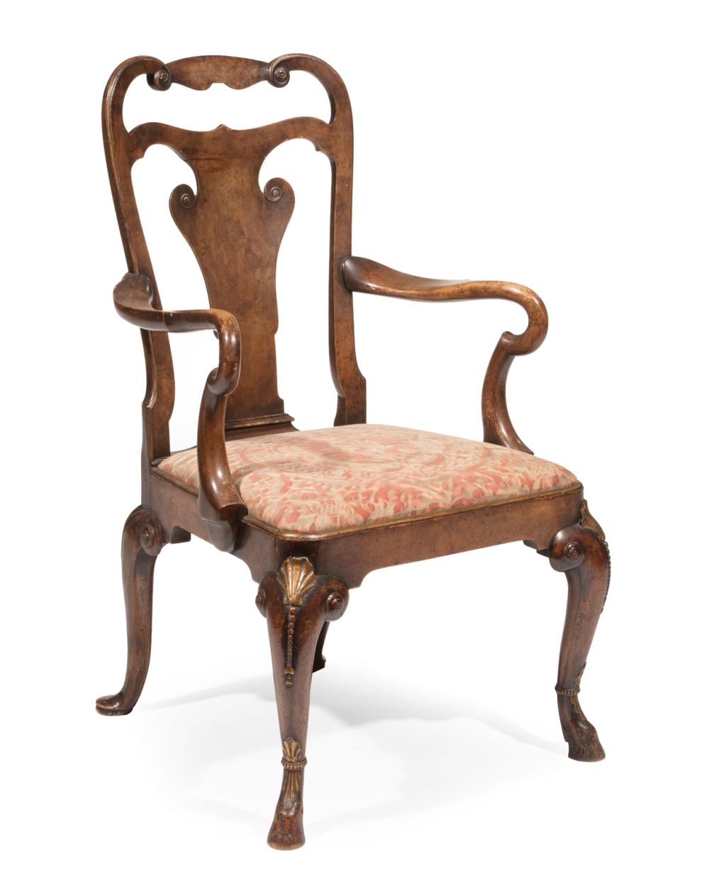 Appraisal: Antique Georgian-Style Carved Walnut Armchair shaped crest rail and splat