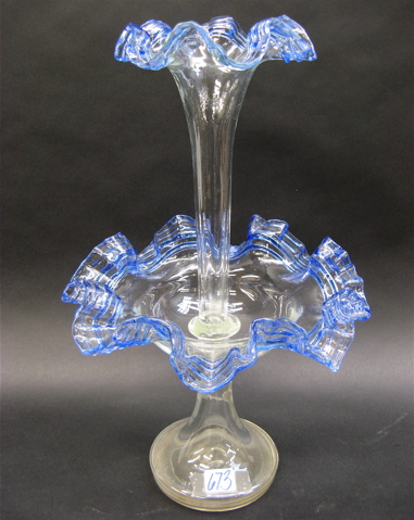 Appraisal: CLEAR AND BLUE GLASS EPERGNE the trumpet form vase fitted