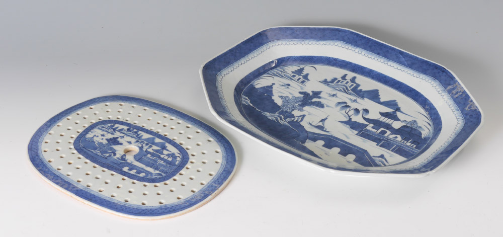 Appraisal: CHINESE CANTON MEAT PLATTER WITH INSERT Blue and white decorated