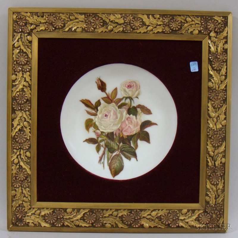 Appraisal: Late Victorian Gilt-gesso Framed Hand-painted Rose Decorated Bristol Glass Charger