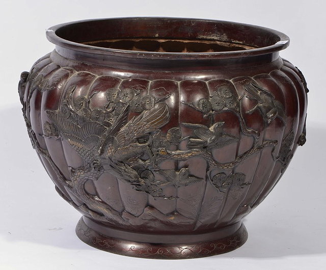 Appraisal: A LARGE JAPANESE BRONZE METAL JARDINIERE the exterior with birds