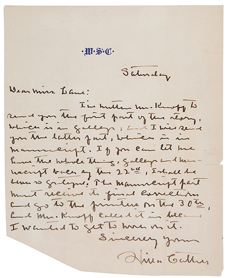 Appraisal: CATHER WILLA S Autograph Letter Signed to an editor Miss