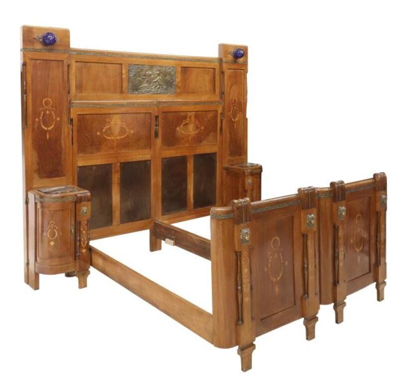 Appraisal: Italian Art Nouveau walnut bed with attached bedside cabinets early