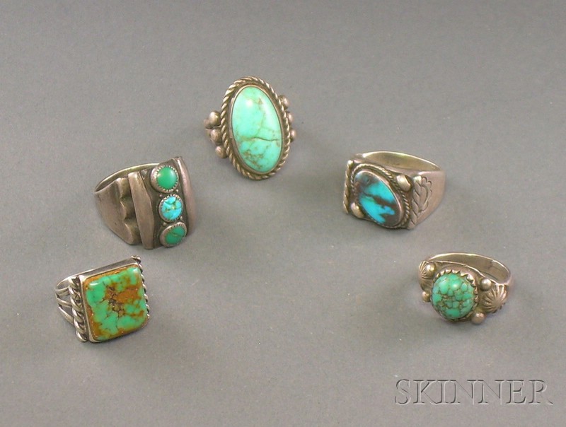 Appraisal: Five Southwest Silver and Turquoise Rings Navajo first half th