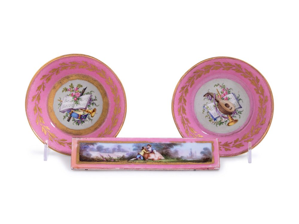 Appraisal: Three Sevres Style Painted and Parcel Gilt Pink-Ground Porcelain Articles