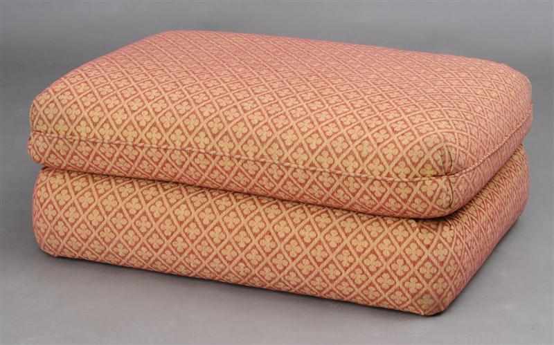 Appraisal: VICTORIAN STYLE UPHOLSTERED OTTOMAN Worked with quatrefoils within diamond lattice