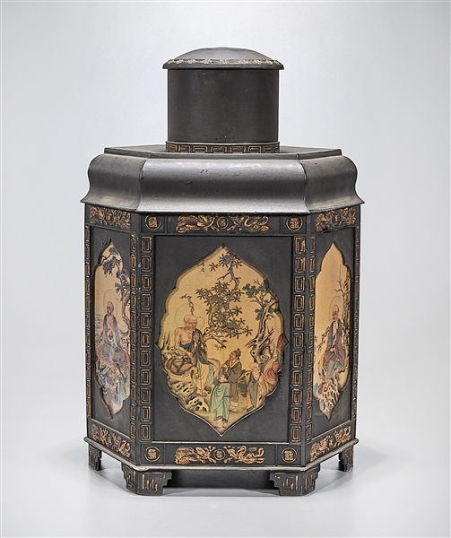 Appraisal: Chinese covered hexagonal metal container with scenes of scholars behind