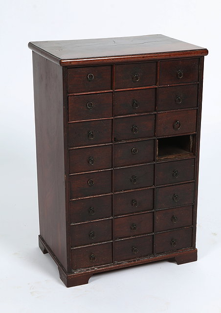 Appraisal: A TH CENTURY MAHOGANY TABLE TOP COLLECTOR'S CHEST fitted twenty