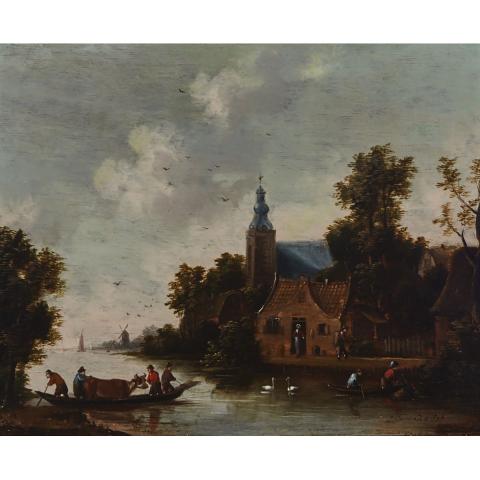 Appraisal: Attributed to Isaac Ouwater - COASTAL VILLAGE SCENE WITH BOATMEN