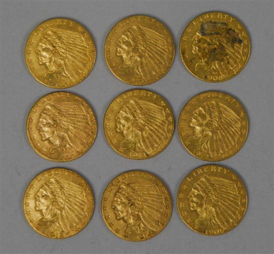 Appraisal: NINE UNITED STATES INDIAN HEAD DOLLAR GOLD COINS dated -E