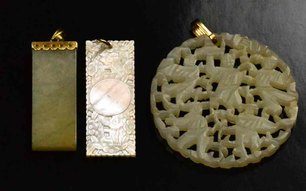 Appraisal: Chinese Qing Jade Kt Gold PendantsTo include a circular jade