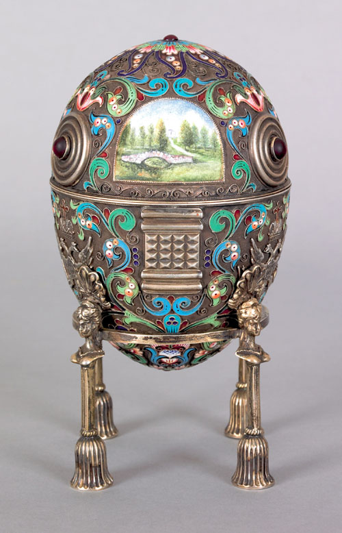 Appraisal: Russian silver and enamel egg on stand ca bearing the