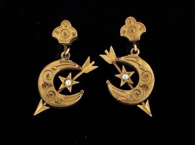 Appraisal: A Pair of Victorian Earrings with Pearls Moon arrow and