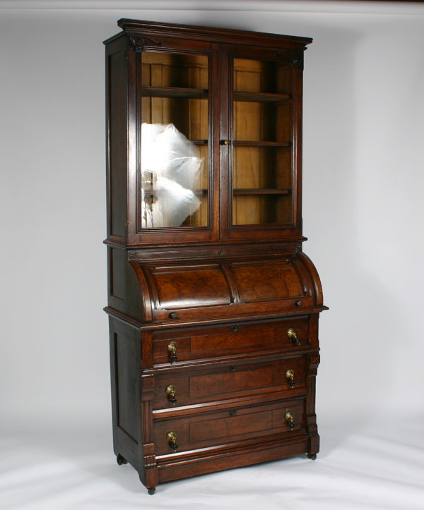 Appraisal: Eastlake-style secretary bookcase late th century pc burled cylinder roll