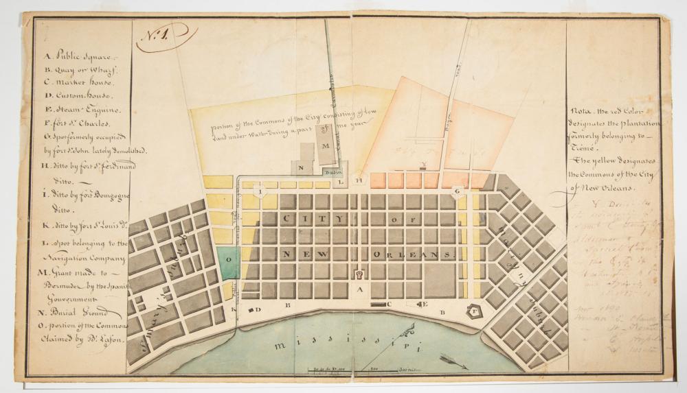 Appraisal: Rare Jacques Tanesse Manuscript Map of New Orleans hand-colored manuscript