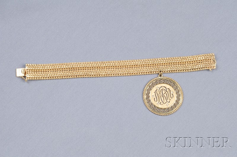 Appraisal: kt Gold Bracelet and Charm the woven strap with Florentine