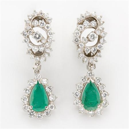 Appraisal: Pair of Emerald and Diamond Pendant-Earrings Estimate -