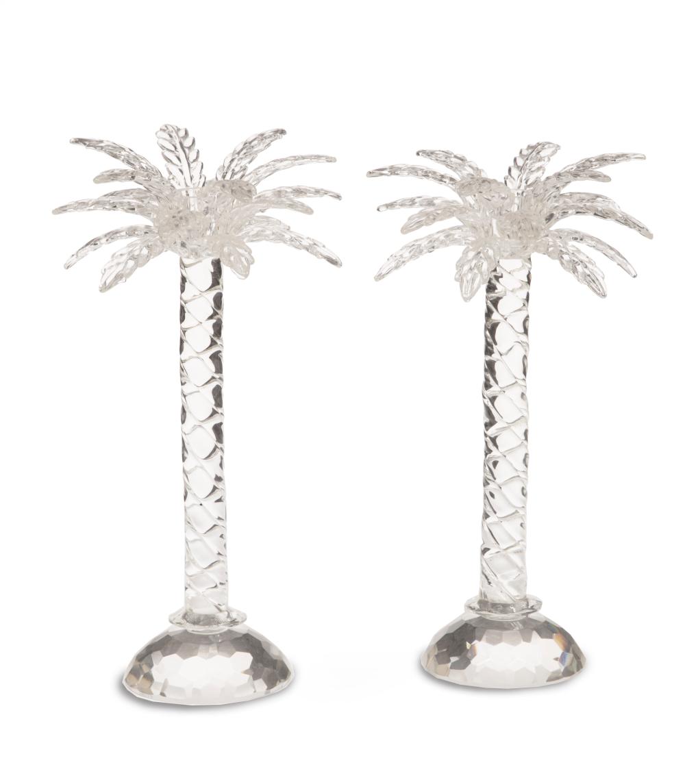 Appraisal: Pair of Cut Crystal Palm Tree Candlesticks faceted base h