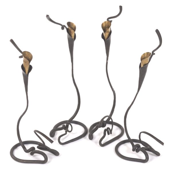 Appraisal: FOUR WROUGHT IRON SINGLE LIGHT CALLA LILY CANDLESTICKS x tallest