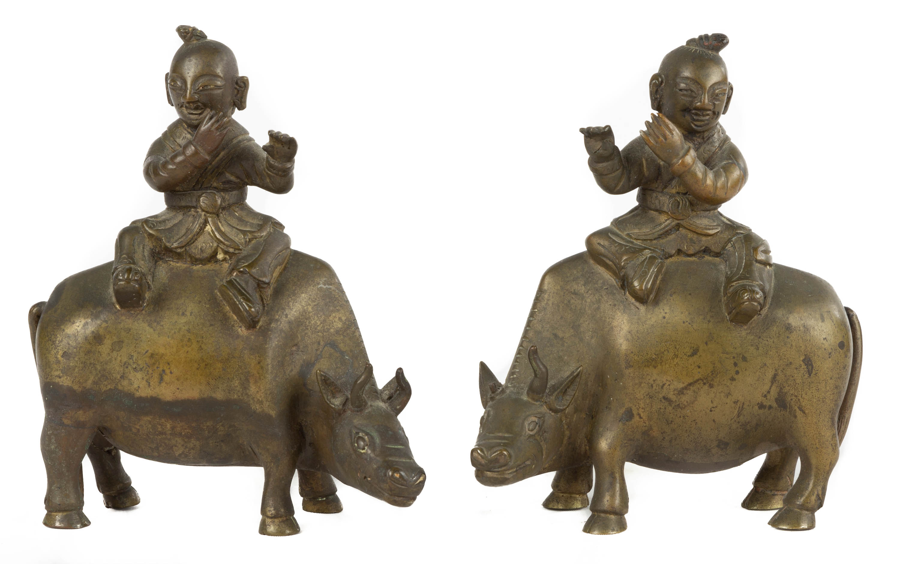 Appraisal: CHINESE BRONZE WATER BUFFALO WITH FIGURE one is signed