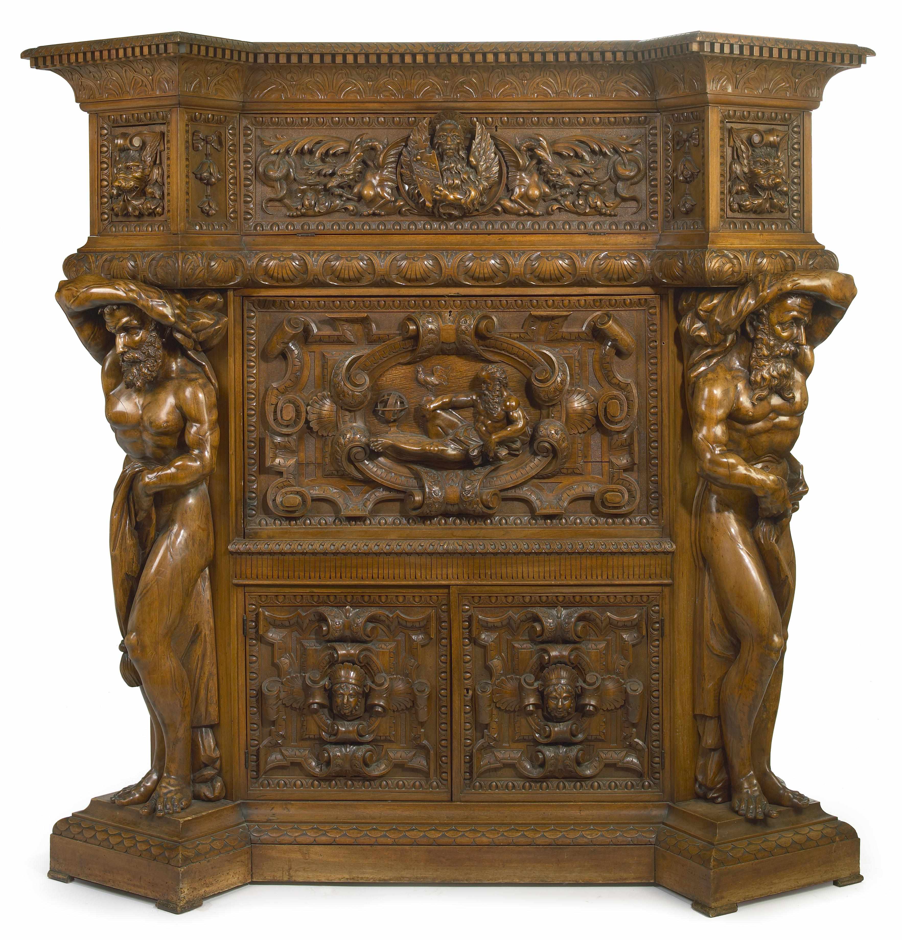 Appraisal: An imposing and impressive Continental Renaissance Revival carved walnut secretary